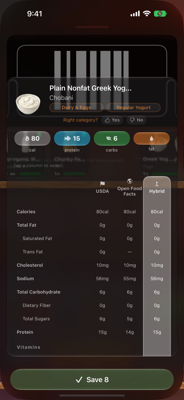Pyrra barcode scan review screen