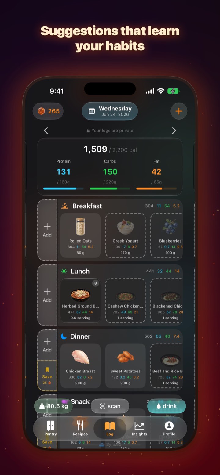 Pyrra daily nutrition log — calories and macros with logged meals