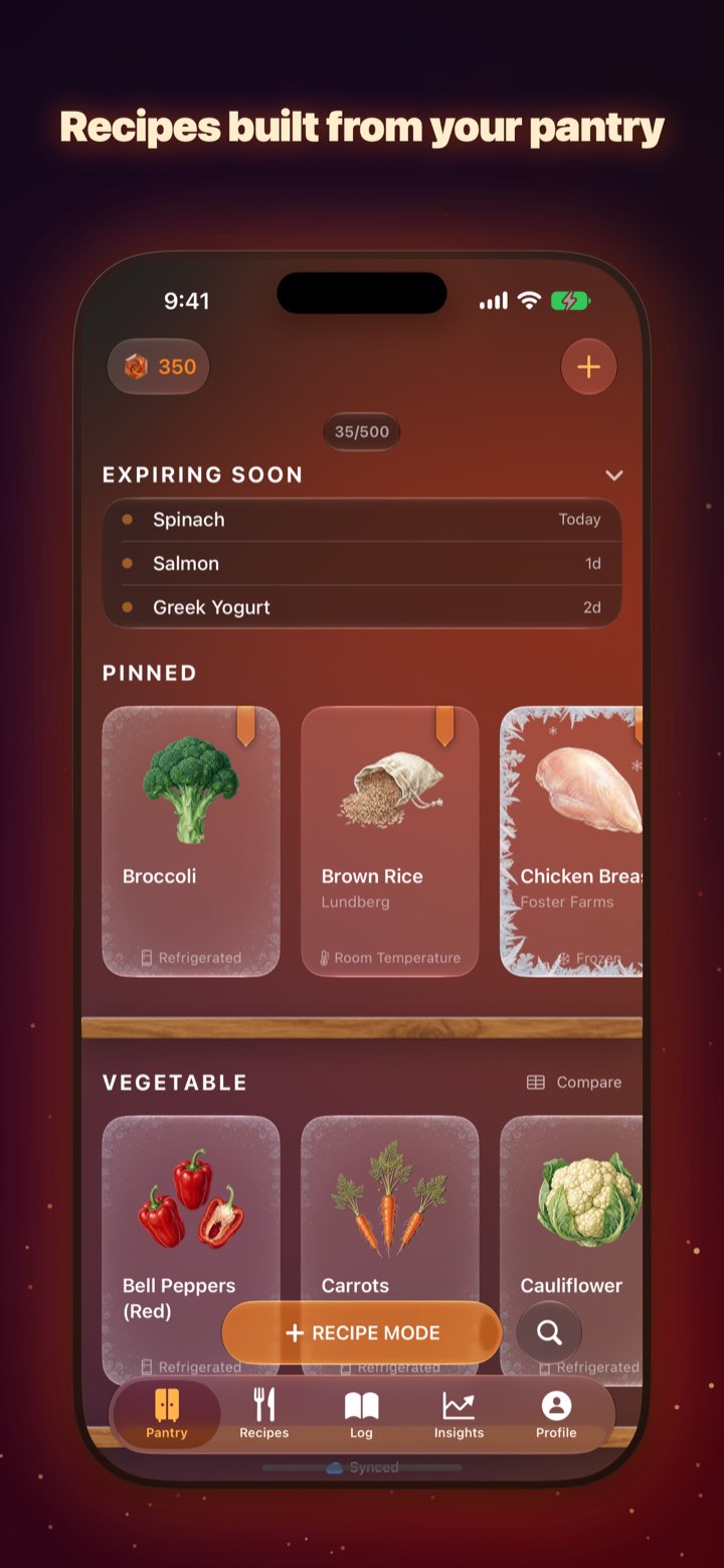 Pyrra pantry screen — recipes built from your pantry