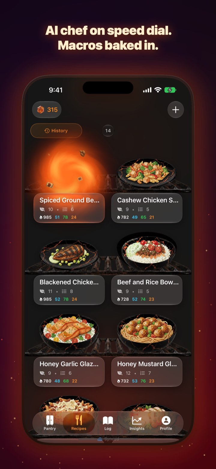 Pyrra AI recipes screen — an AI chef with macros baked in